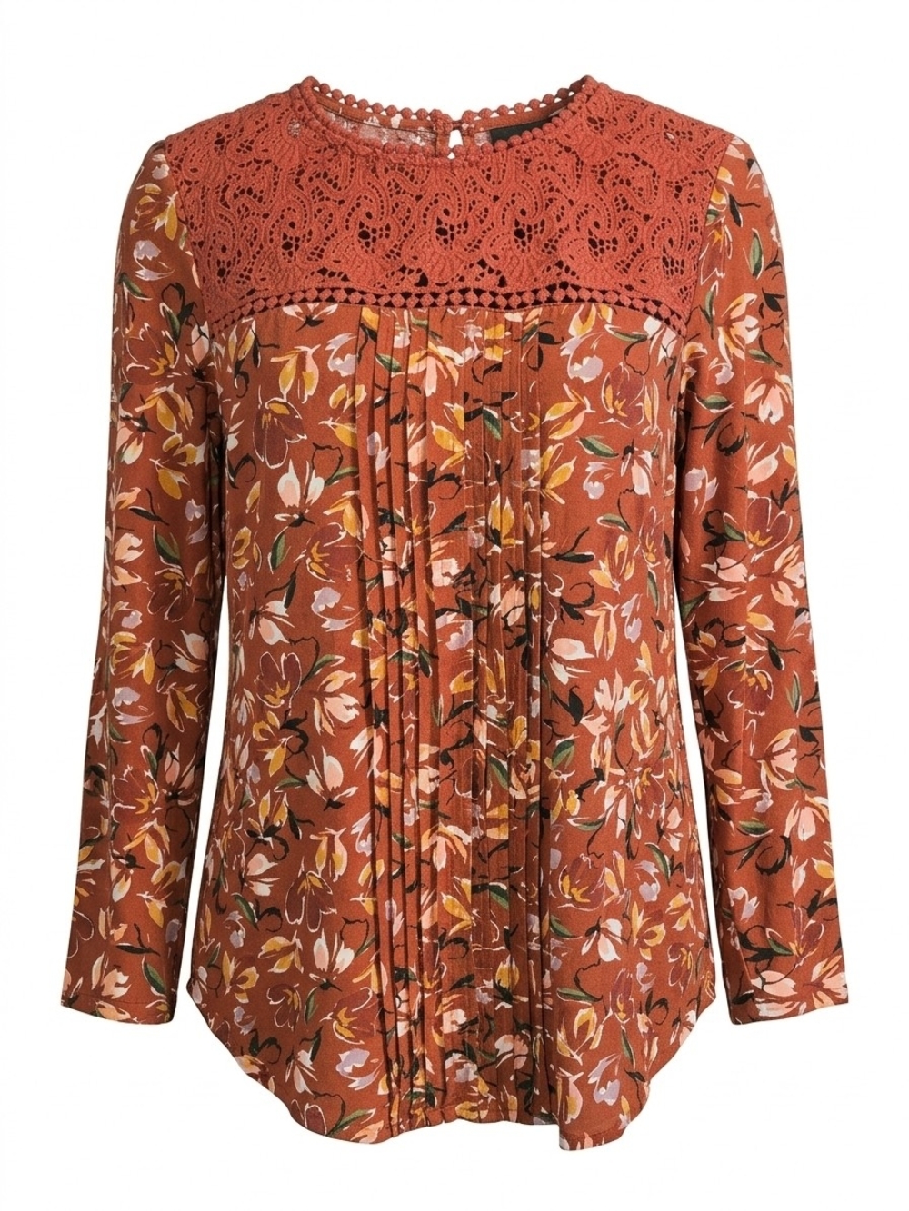 Daniel Rainn Rust Floral Lace-Yoke Long Sleeve Top